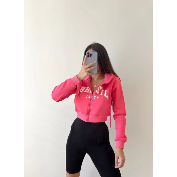 Brasil Sao Paulo Kapüşonlu Crop Hırka -PEMBE