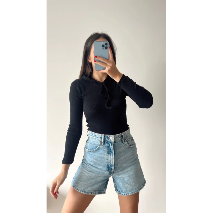 Kapüşonlu Kaşkorse Crop - SİYAH