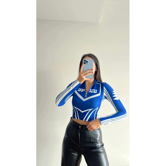 Speed Fermuar Crop - MAVİ