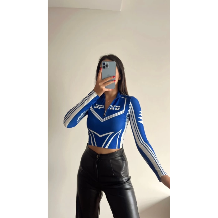 Speed Fermuar Crop - MAVİ