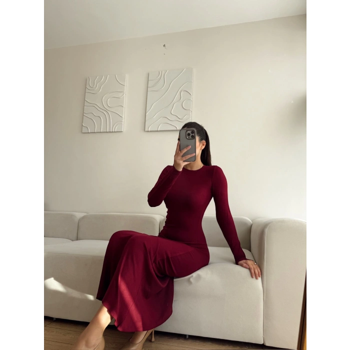 Derin Yırtmaçlı Maxi Elbise - BORDO