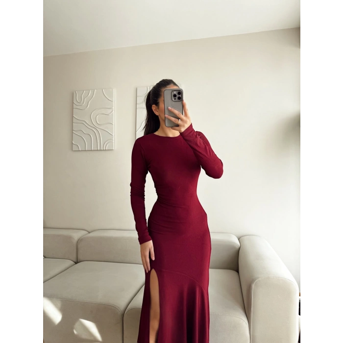 Derin Yırtmaçlı Maxi Elbise - BORDO