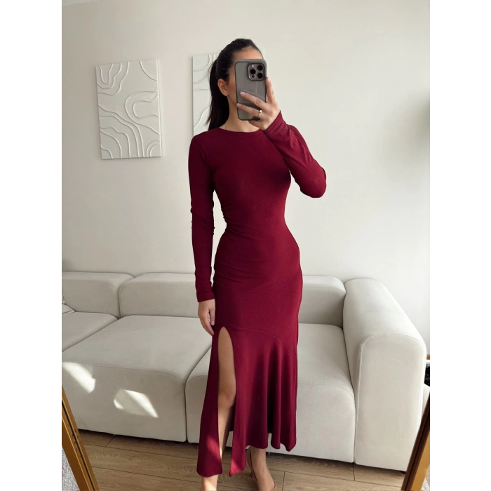 Derin Yırtmaçlı Maxi Elbise - BORDO