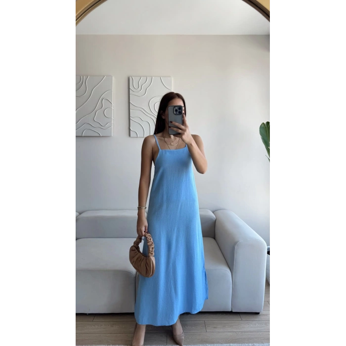 Yırtmaçlı Keten Askılı Elbise - MAVİ