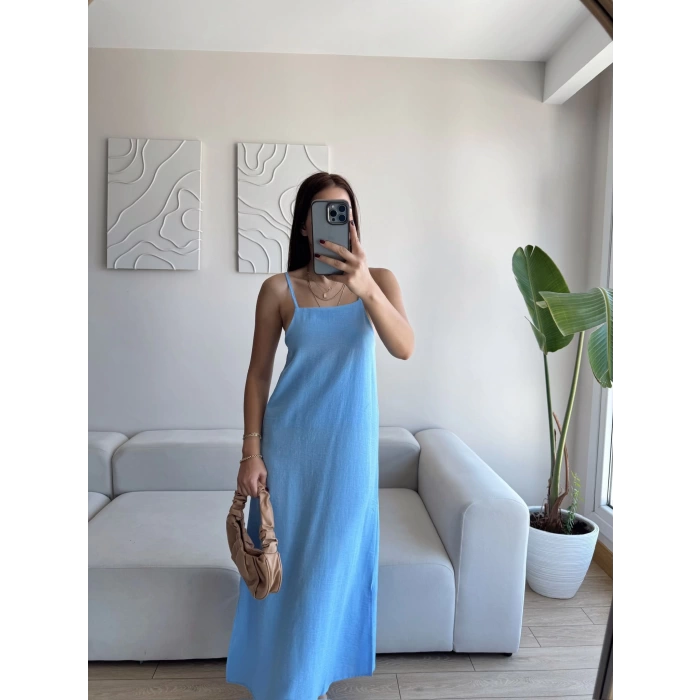 Yırtmaçlı Keten Askılı Elbise - MAVİ