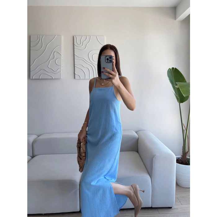 Yırtmaçlı Keten Askılı Elbise - MAVİ