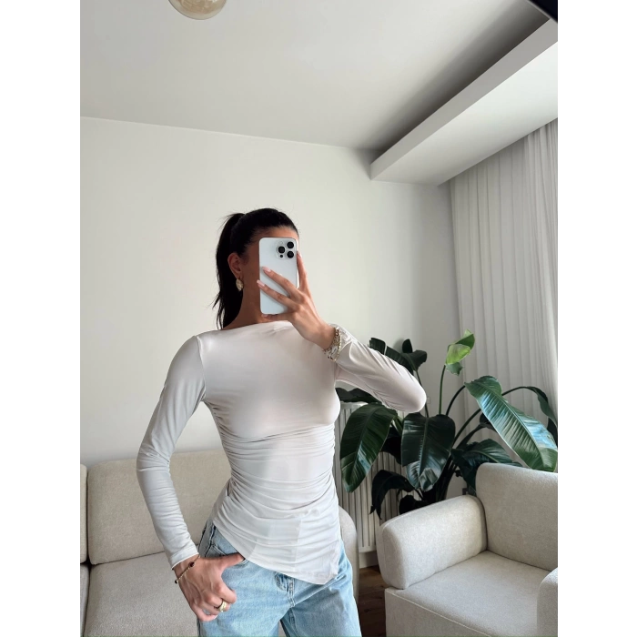 Asimetrik Yan Lastik Bluz - BEJ