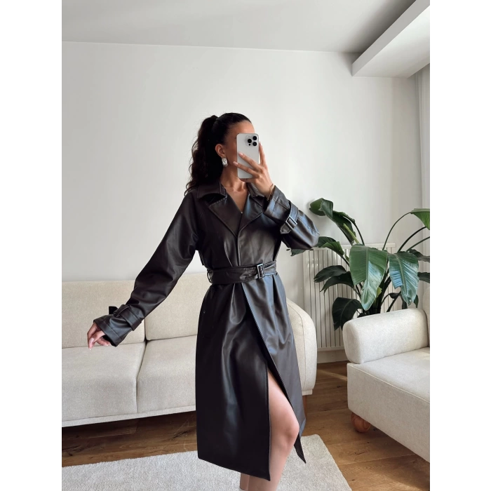 Kuşaklı Oversize Deri Trençkot
