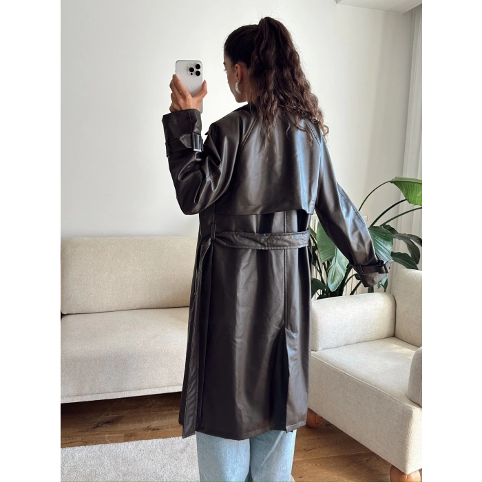 Kuşaklı Oversize Deri Trençkot