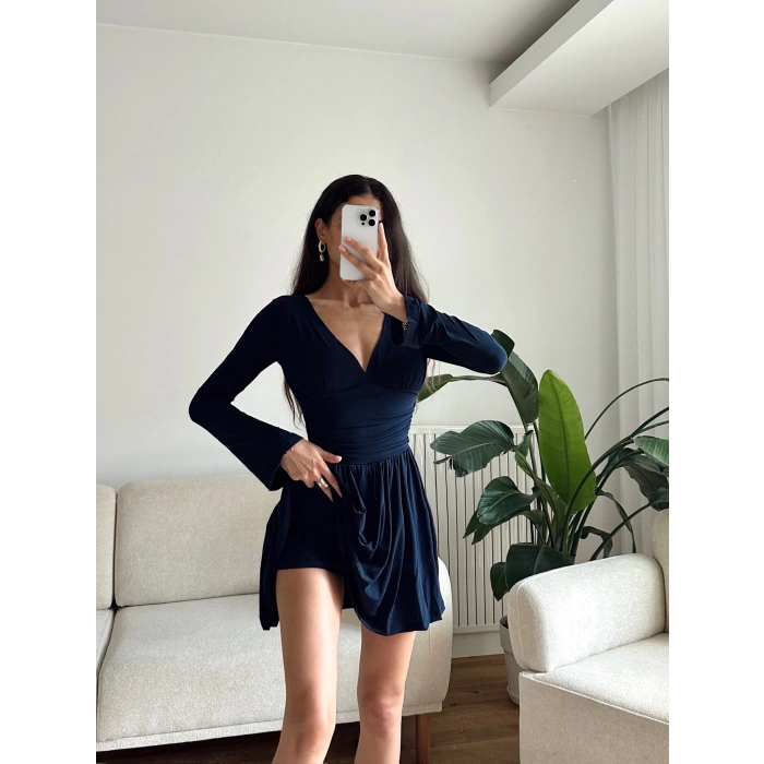 Pileli Kruvaze Şortlu Elbise - LACİVERT