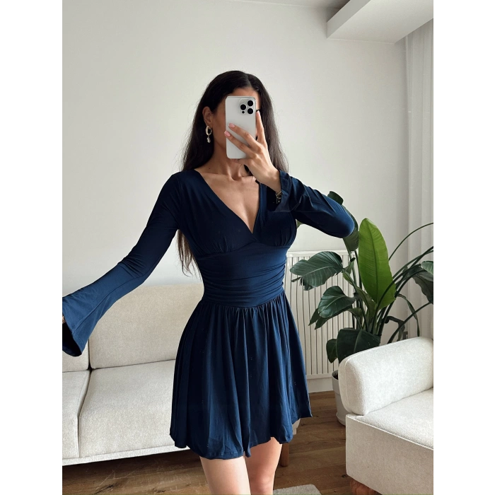 Pileli Kruvaze Şortlu Elbise - LACİVERT