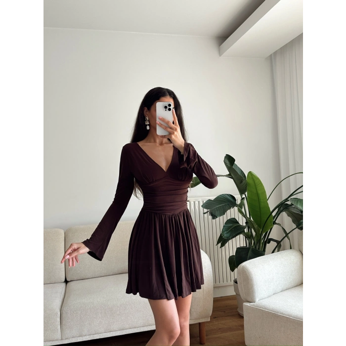 Pileli Kruvaze Şortlu Elbise - KAHVE