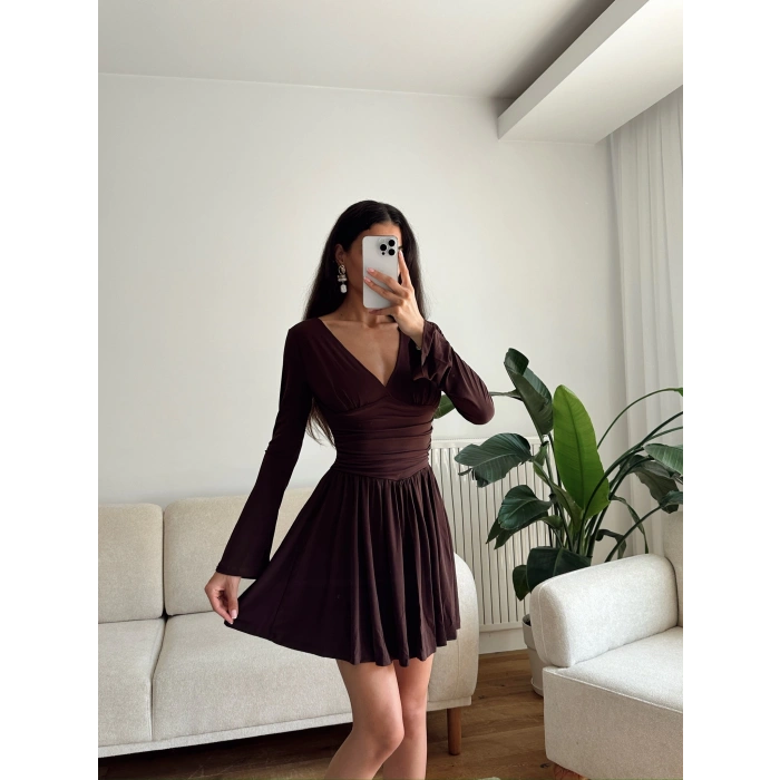 Pileli Kruvaze Şortlu Elbise - KAHVE