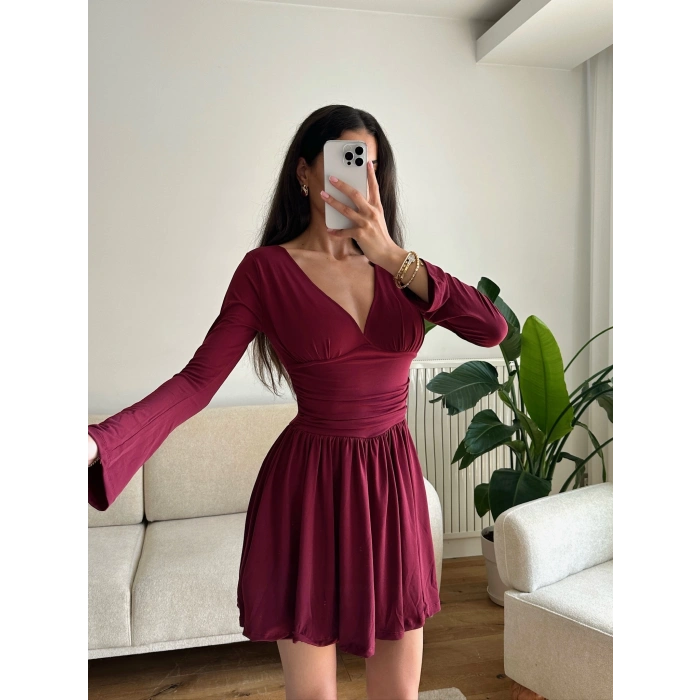 Pileli Kruvaze Şortlu Elbise - BORDO