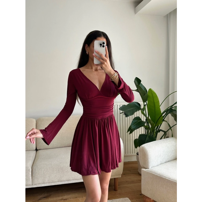 Pileli Kruvaze Şortlu Elbise - BORDO