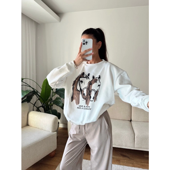 Cowboy Oversize Sweat - BEYAZ