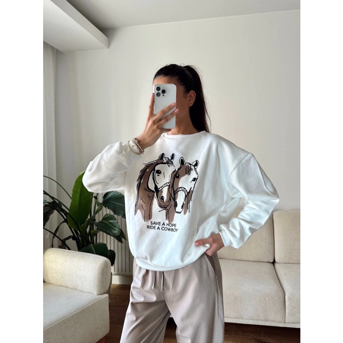 Cowboy Oversize Sweat - BEYAZ