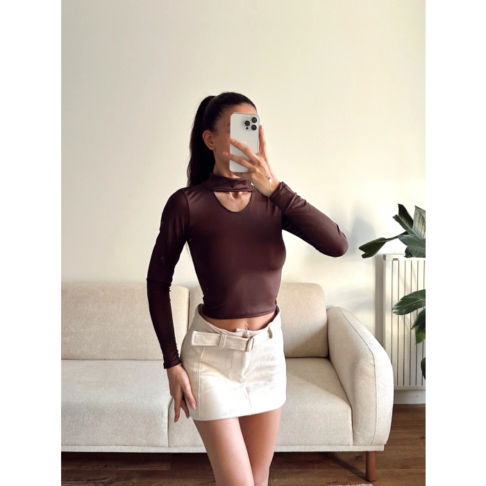Choker Yaka Crop Bluz - KAHVE