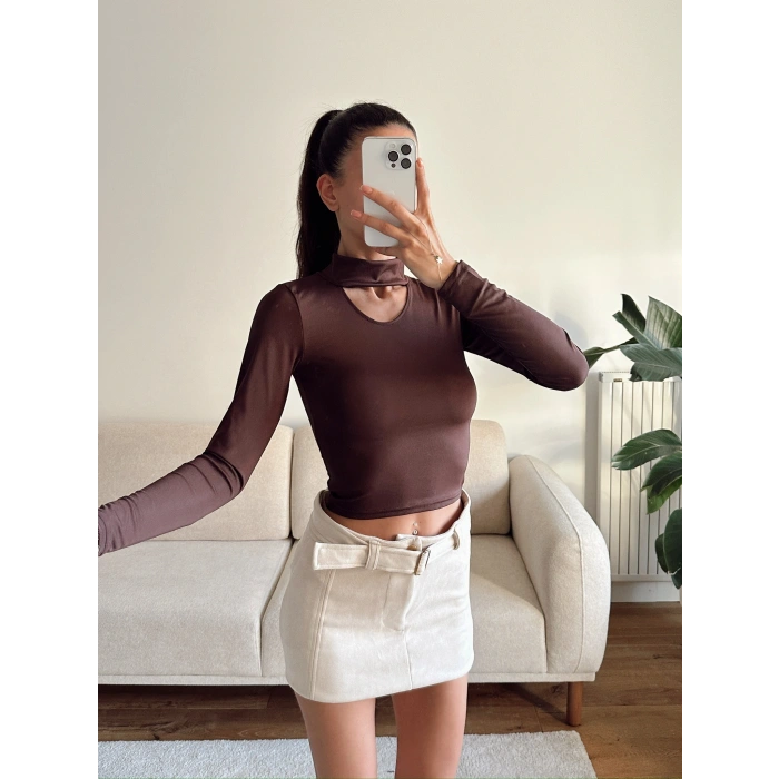 Choker Yaka Crop Bluz - KAHVE