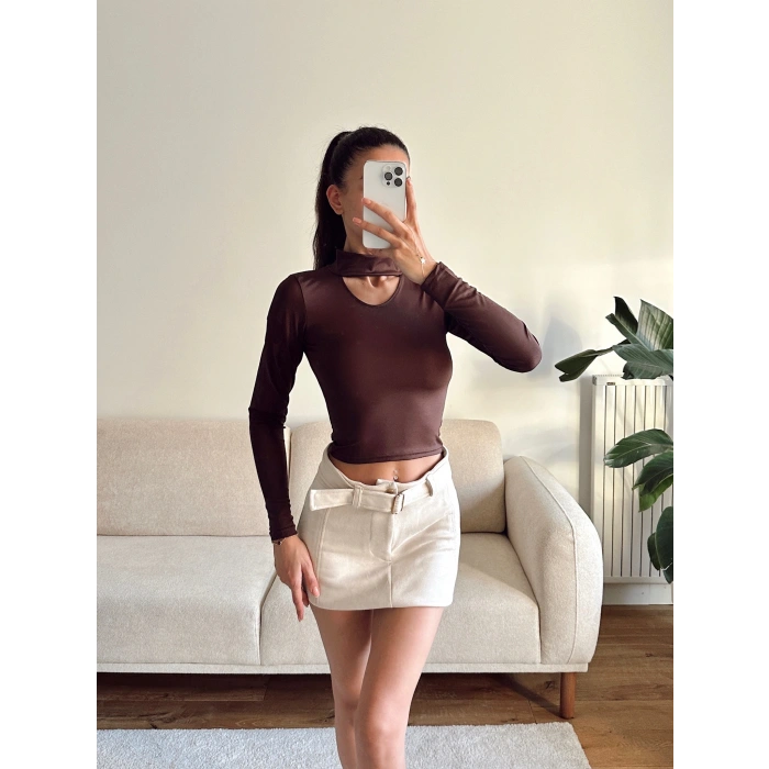 Choker Yaka Crop Bluz - KAHVE