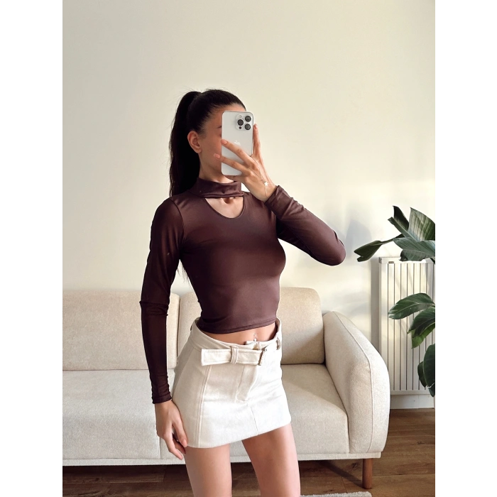 Choker Yaka Crop Bluz - KAHVE