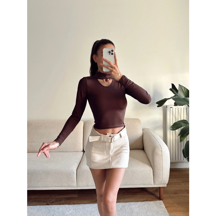 Choker Yaka Crop Bluz - KAHVE