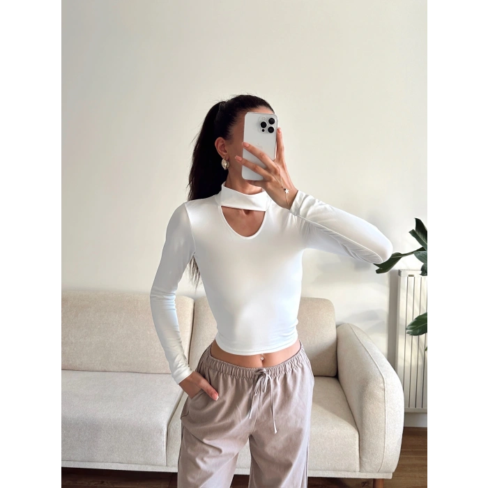 Choker Yaka Crop Bluz - BEYAZ
