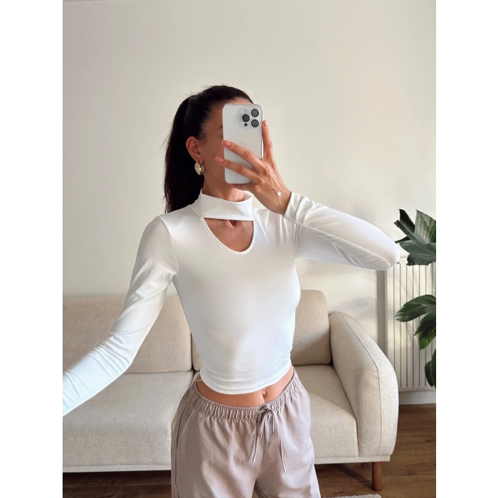 Choker Yaka Crop Bluz - BEYAZ