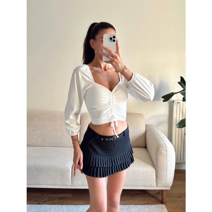 Ön Büzgülü Balon Kol Crop - BEYAZ