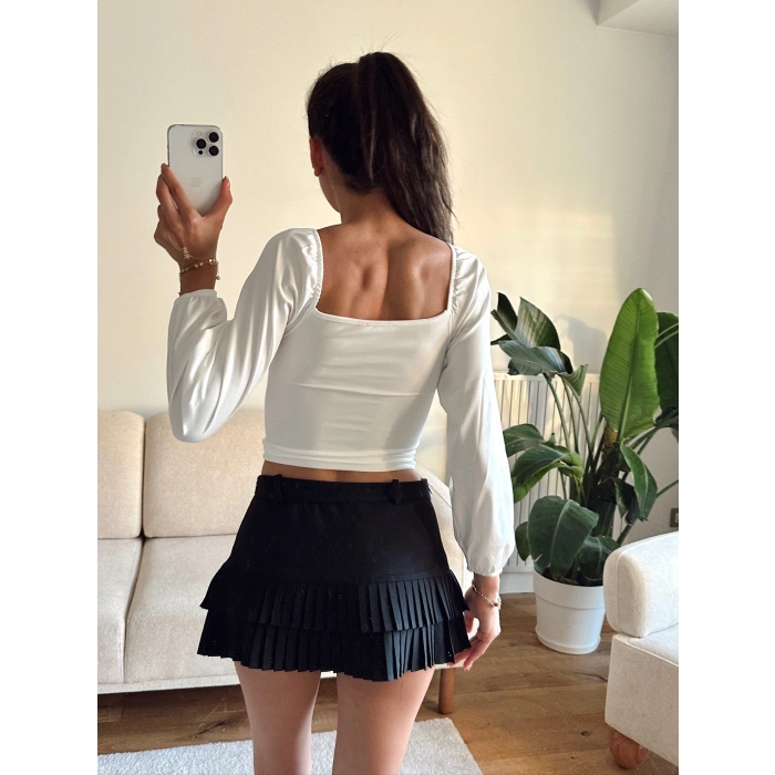 Ön Büzgülü Balon Kol Crop - BEYAZ