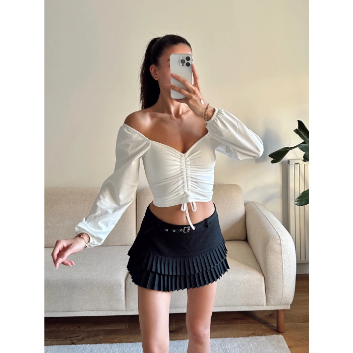 Ön Büzgülü Balon Kol Crop - BEYAZ