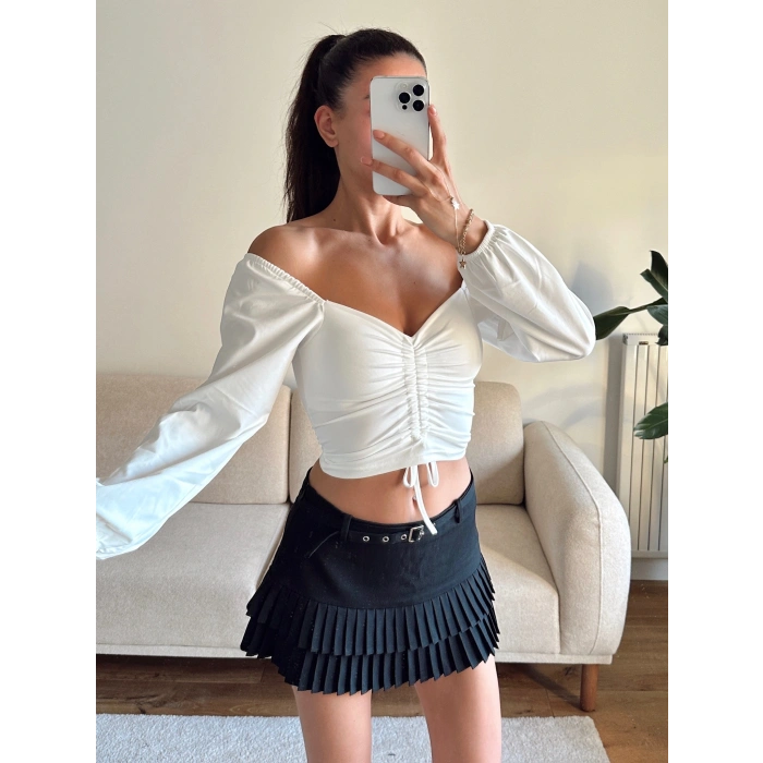 Ön Büzgülü Balon Kol Crop - BEYAZ