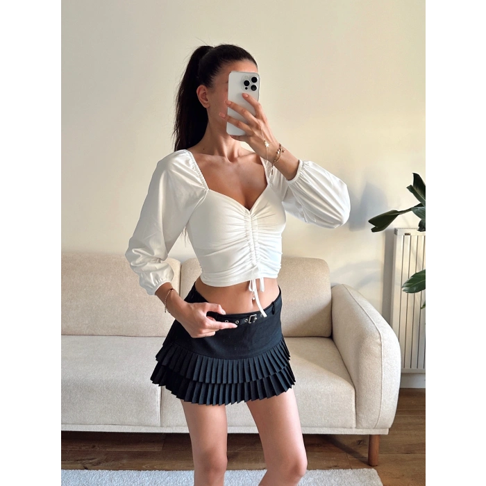 Ön Büzgülü Balon Kol Crop - BEYAZ