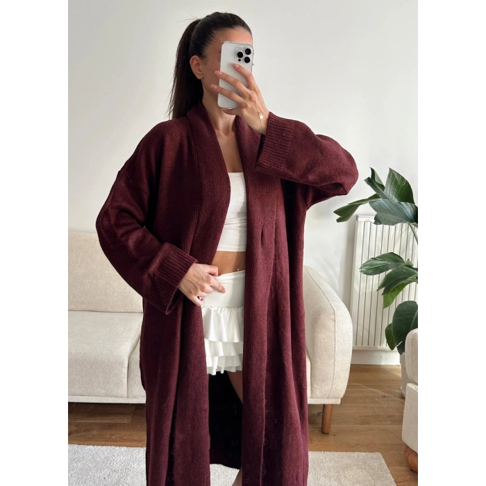 Şal Yaka Uzun Triko Hırka - BORDO