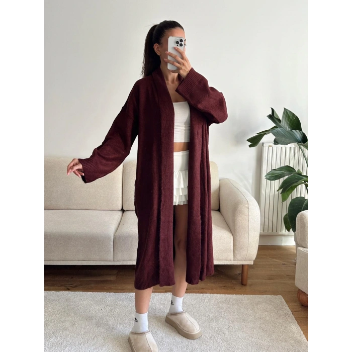 Şal Yaka Uzun Triko Hırka - BORDO