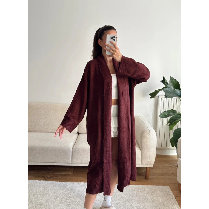 Şal Yaka Uzun Triko Hırka - BORDO