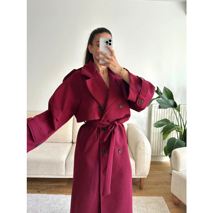 Beli Kuşaklı Kaşe Kaban - BORDO