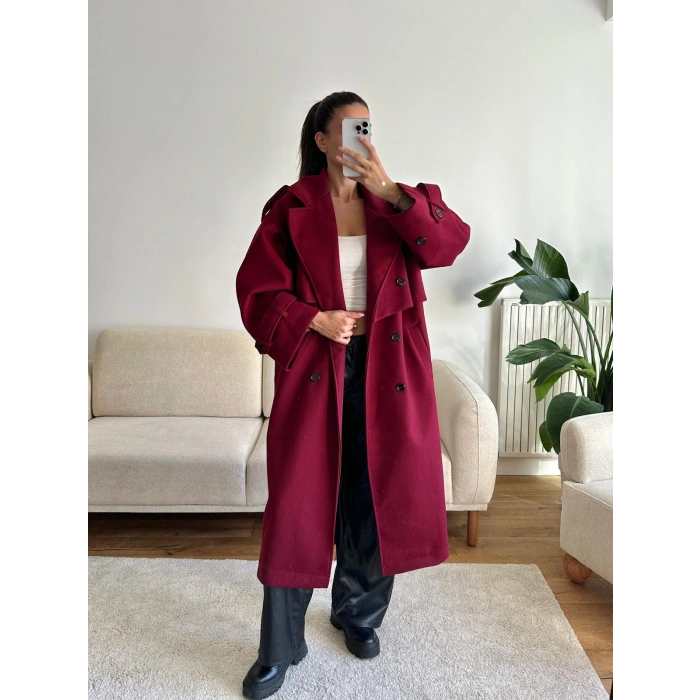 Beli Kuşaklı Kaşe Kaban - BORDO