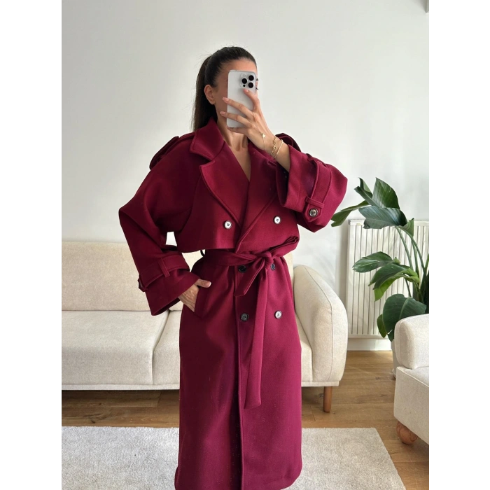 Beli Kuşaklı Kaşe Kaban - BORDO