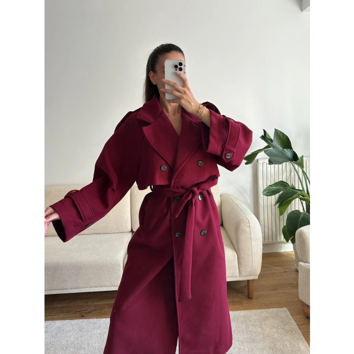 Beli Kuşaklı Kaşe Kaban - BORDO