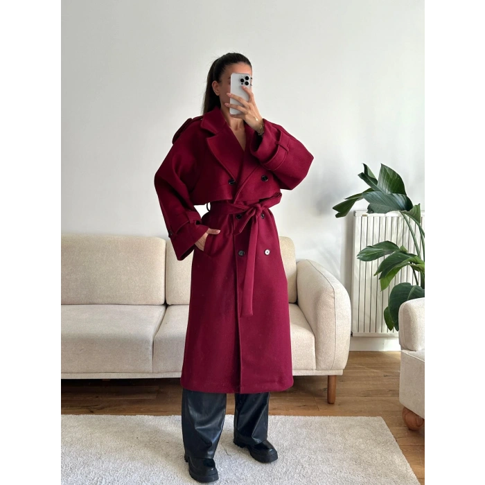 Beli Kuşaklı Kaşe Kaban - BORDO