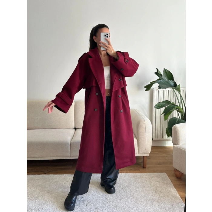 Beli Kuşaklı Kaşe Kaban - BORDO