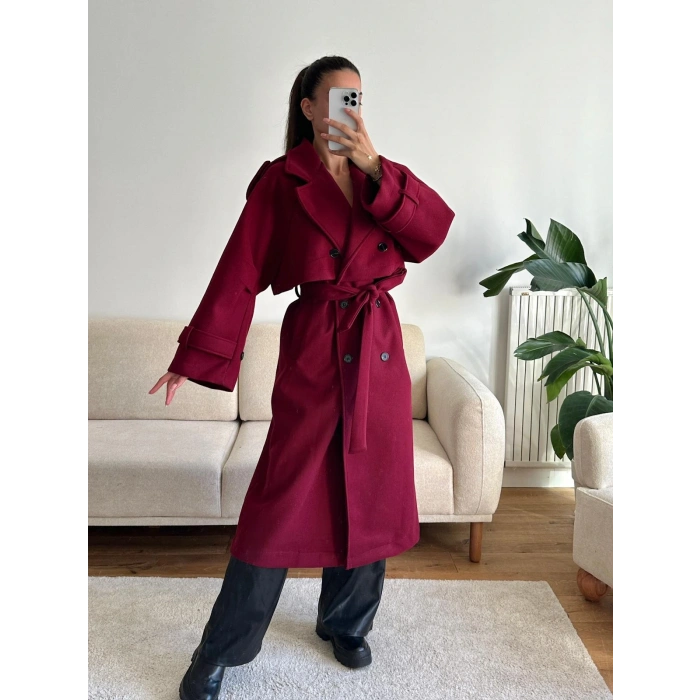 Beli Kuşaklı Kaşe Kaban - BORDO
