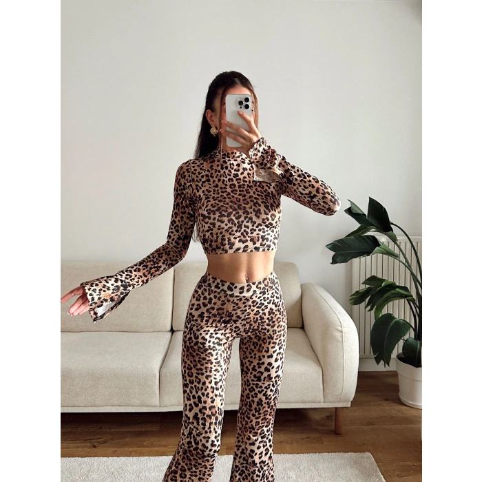 Leopar Yüksek Bel Flare Takım