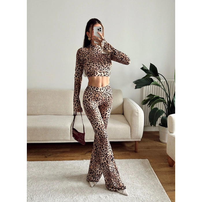 Leopar Yüksek Bel Flare Takım
