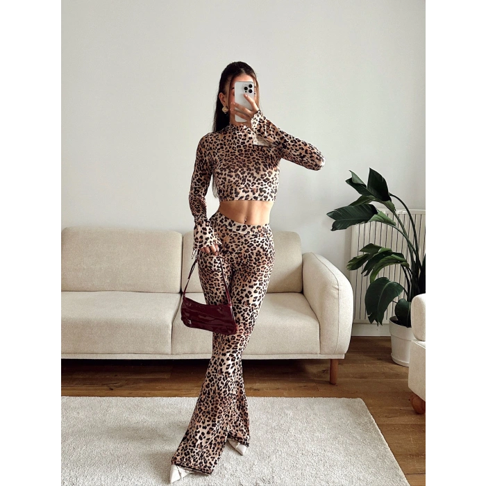 Leopar Yüksek Bel Flare Takım