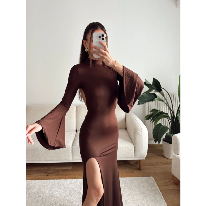 Flare Sırt Maxi Uzun Elbise - KAHVE