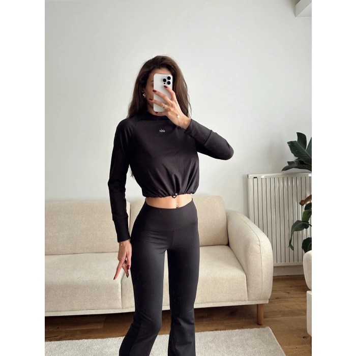 Marka Bel Lastik Crop & Taytlı Takım - SİYAH