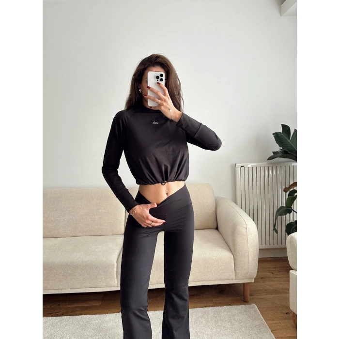 Marka Bel Lastik Crop & Taytlı Takım - SİYAH