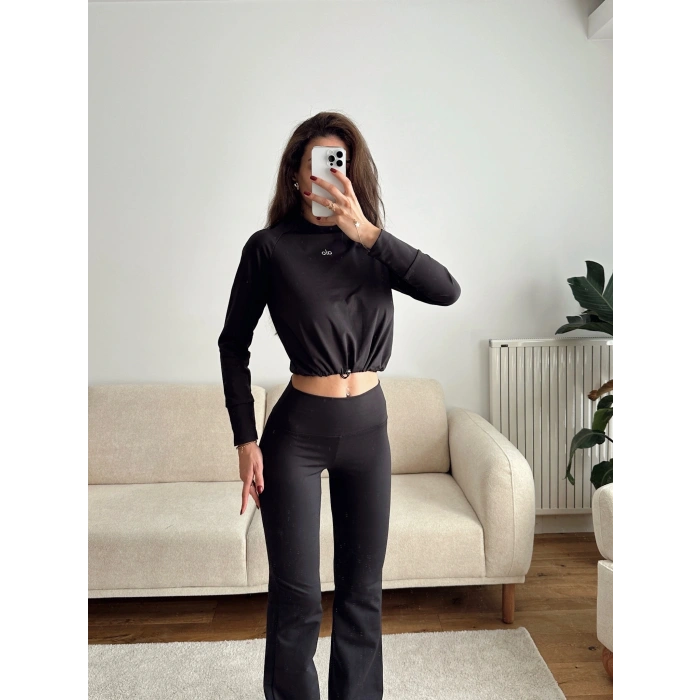 Marka Bel Lastik Crop & Taytlı Takım - SİYAH